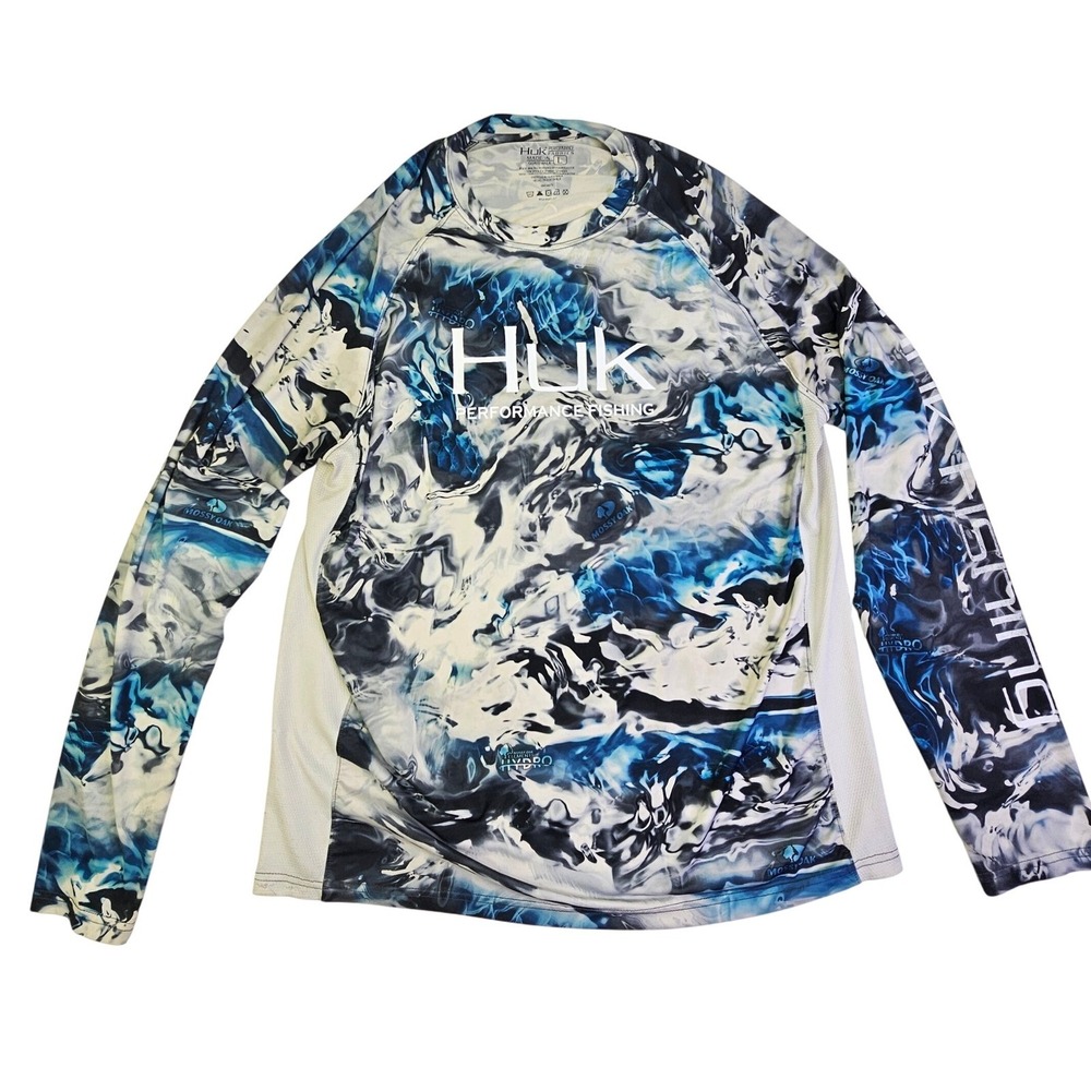 Huk Mens Mossy Oak Elements Hydro Performance Fishing Shirt Blue Large L/S